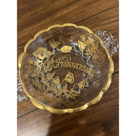 50th Anniversary Ashtray Dish 22k Gold Overlay Clear by Crystal Glass Vintage - Picture 2 of 5